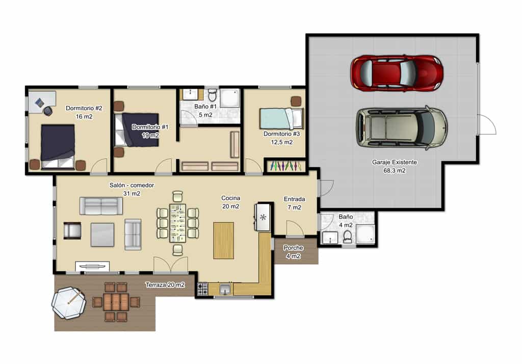 Plano de casa de una planta con 3 habitaciones